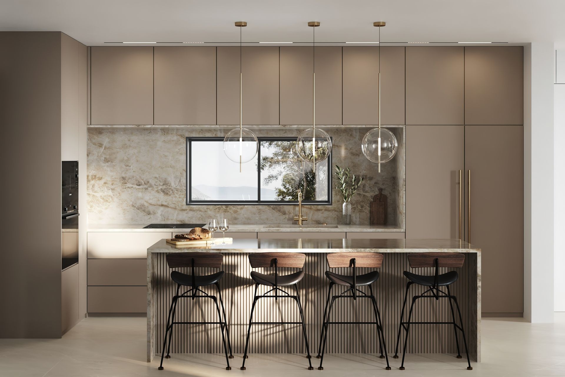 Modern kitchen with large island, marble countertops, pendant lights, stools, and wall-mounted cabinets.